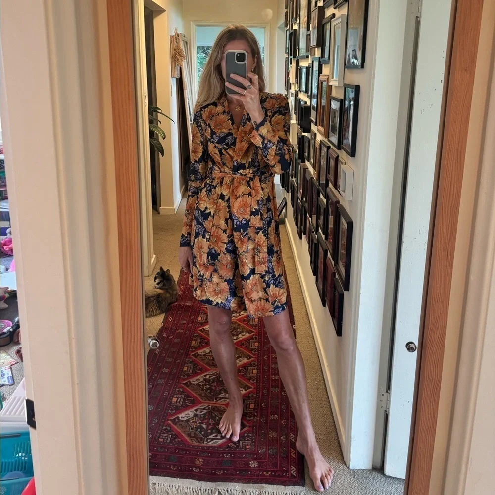 Babaton Aritzia Blue Orange Quincy Floral Trench Cardigan Jacket Wrap Dress - Picture 6 of 17
